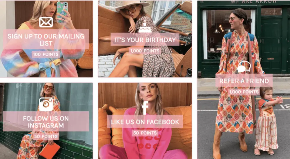Image shows 5 squares, each containing images of women wearing brightly colored clothing such as dresses and loose-fitting sweaters. On each image is a small image icon and text describing ways to earn points for a referral program, such as interacting on social media or referring a friend. A number of points corresponds with each image.