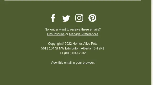 Image shows the footer of a transactional email from Homes Alive Pets, featuring the brand’s social media profiles in a horizontal row on a green background.