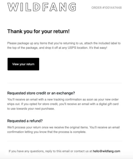 Image shows an order return confirmation email from Wildfang, with a thank you, a button to view the return, and descriptions of next steps for a product exchange or full refund.