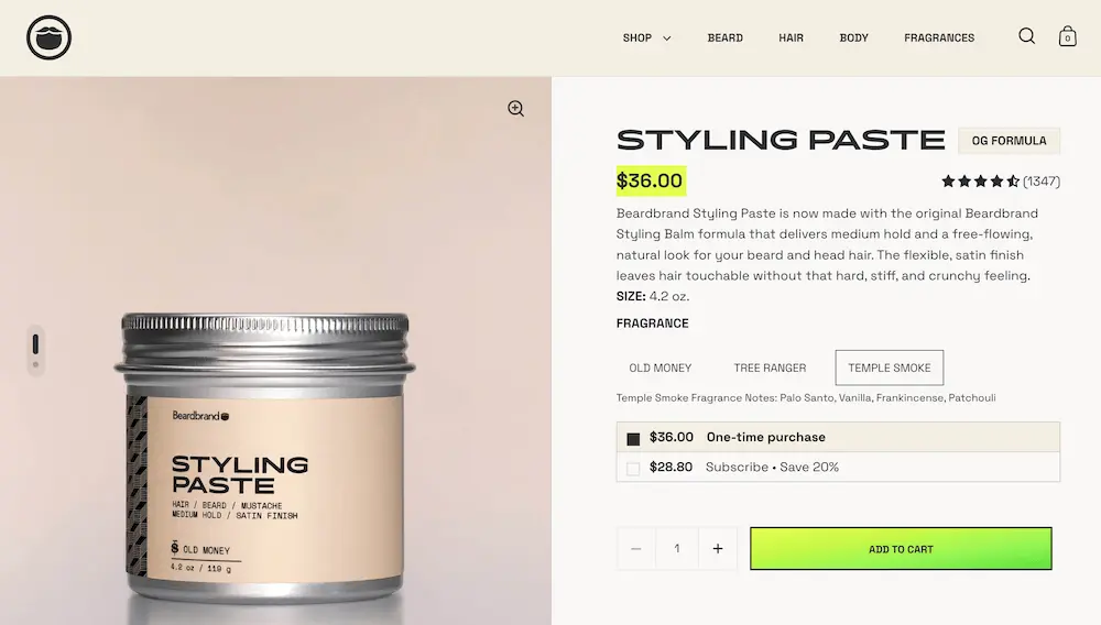Image shows a product page on the Beardbrand website, featuring a close-up photo of a canister of styling paste on the left and the product name, price, and description on the right. The shopper has the option to select their preferred fragrance and quantity, as well as whether they want to make a one-time purchase or sign up for a subscription, and the product details also feature a clickable star rating out of over 1.3K reviews.