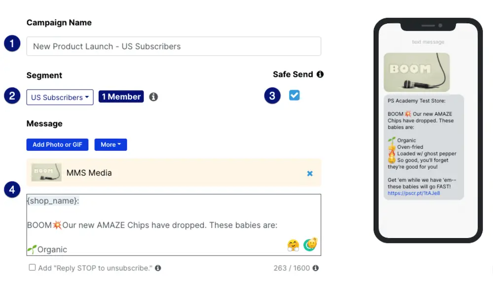 Image shows the SMS campaign dashboard in the back end of Postscript, including campaign name, segment, and message, as well as a pop-out illustration of a product announcement text on someone’s phone.