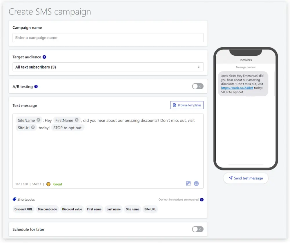 Image shows the SMS campaign dashboard in the back end of Yotpo, including campaign name, target audience, and message, as well as a pop-out illustration of a discount reminder text on someone’s phone.