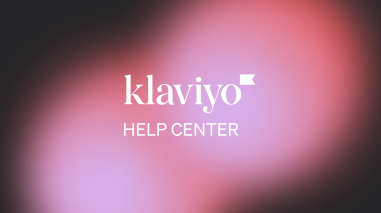 "Klaviyo Help Center" logo in white against a pink, purple, and background