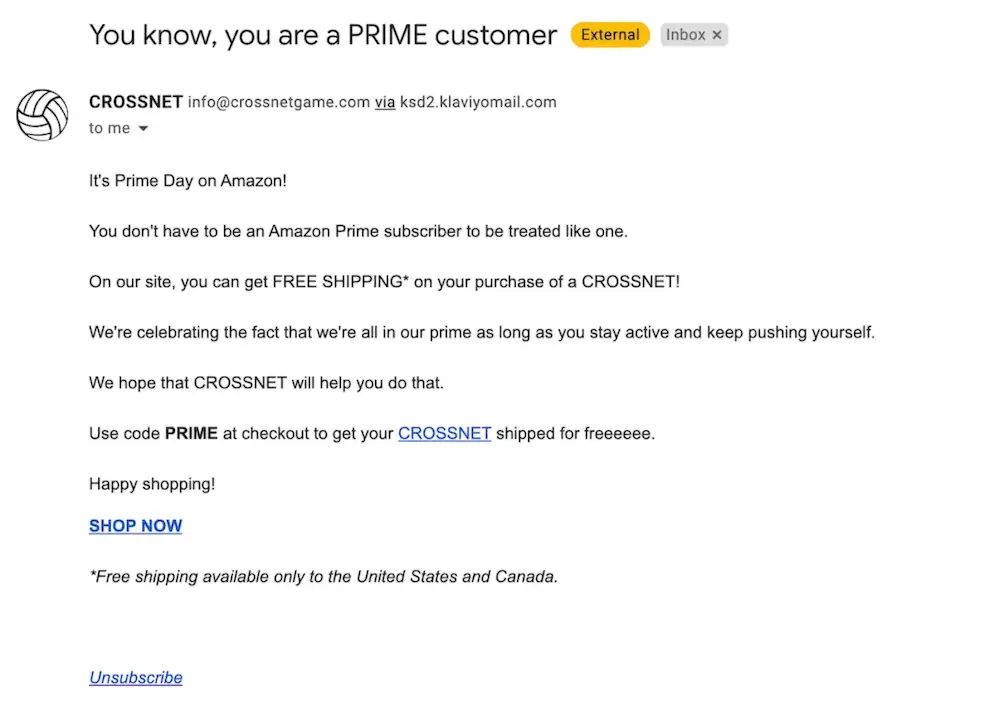 Image shows a plain text email from CROSSNET which kicks off with the subject line, “You know, you are a PRIME customer.” The email copy reads, “It’s Prime Day on Amazon! You don’t have to be an Amazon prime subscriber to be treated like one. On our site, you can get FREE SHIPPING on your purchase of a CROSSNET! We’re celebrating the fact that we’re all in our prime as long as you stay active and keep pushing yourself. We hope that CROSSNET will help you do that. Use code PRIME at checkout to get your CROSSNET shipped for freeee. Happy shopping!” The email ends with a link that reads, “SHOP NOW.”