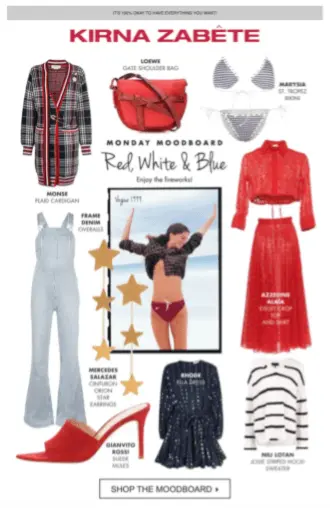 Image shows a 4th of July email from apparel brand Kirna Zabête, which features several of their red and white products arranged in a collage style on a white background. Each product image comes with a label, and the CTA button at the bottom of the email reads, “Shop the moodboard.”