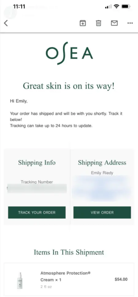 Image shows a shipping confirmation email from OSEA, including buttons the customer can click to both view and track their order.