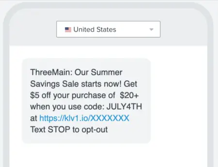 Image shows a 4th of July marketing text from cleaning brand Three Main, which reads, “Our Summer Savings Sale starts now! Get $5 off your purchase of $20+ when you use code: JULY4TH.”