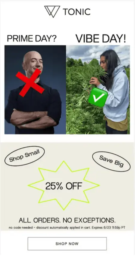 Image shows an email from CBD brand TONIC, featuring a headshot of Jeff Bezos with a red X through it next to a photo of someone outside enjoying nature with a green checkmark over it. Above the Bezos photo is the copy, “Prime Day?” Above the nature photo is the copy, “Vibe day!” The email body contains a 25% off order, the words “Shop small” and “Save big” in circles, and the copy “All orders. No exceptions” above a CTA button that reads, “Shop now.”