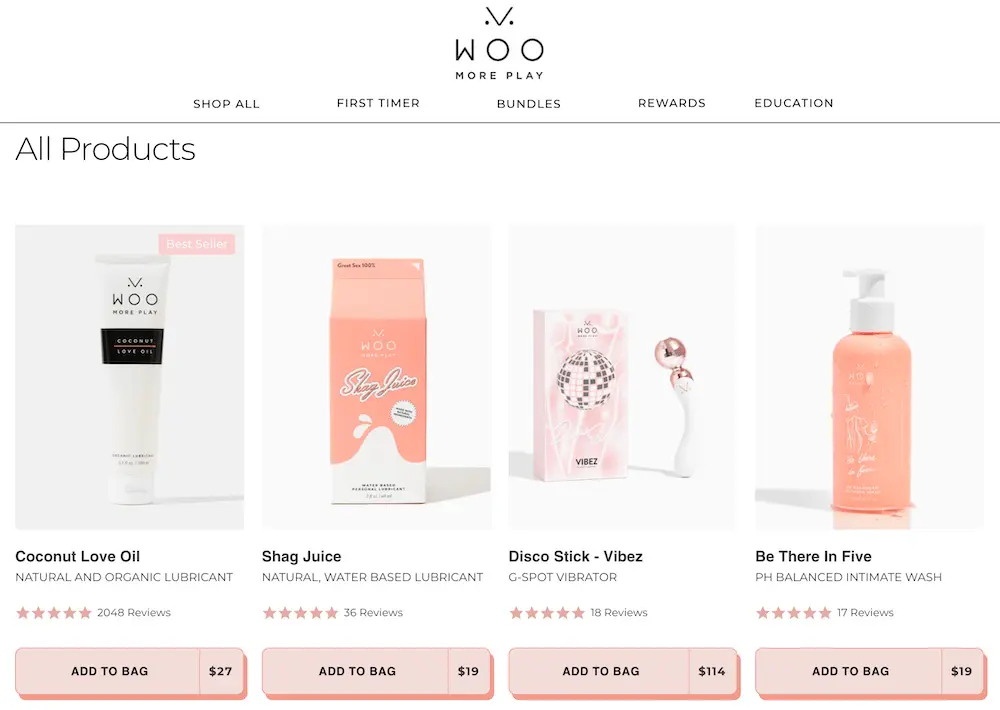 Image shows the “shop all products” page on the Woo More Play website, featuring a row of product photos above their corresponding names, descriptions, star ratings out of 5, price and CTA button that says “Add to bag.”