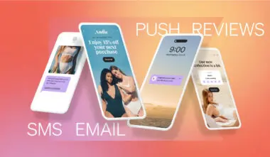 Graphic is a frame from the Klaviyo demo video. There are 4 smart phones, each representing a different channel: email, SMS, mobile push, and reviews.