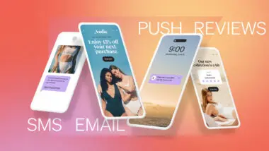 Graphic is a frame from the Klaviyo demo video. There are 4 smart phones, each representing a different channel: email, SMS, mobile push, and reviews.