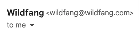 Image shows a screenshot from an email inbox of a branded sending domain from apparel brand Wildfang: wildfang@wildfang.com.