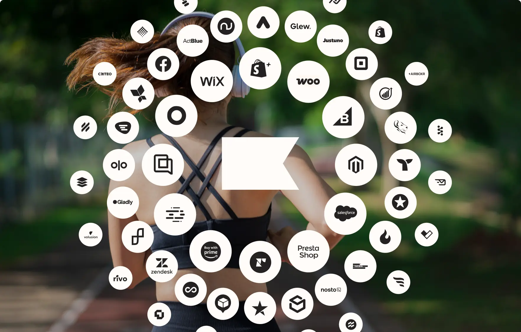 Klaviyo and Shopify integration icons with a woman running in the background listening to music on headphones