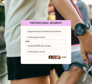 A purple box labeled "PREFERS EMAIL SEGMENT" on a background image of a person wearing a watch while stretching before a run. The box contains text about email and SMS preferences, profile icons, and the number "6,247".