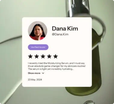 Verified review in Klaviyo giving 5 stars to Moisturizing serum, with a bottle of the serum in the background.