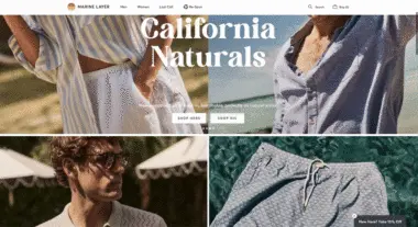 Gif shows a multi-step sign-up form on the Marine Layer website, which first offers 15% off first order in exchange for an email address, then proceeds to another screen where the shopper can input their phone number if they want as well.
