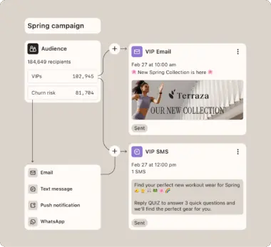 Klaviyo omnichannel campaign builder, showing different segments (VIP, churn risk) and different channels (email, SMS) as part of a single spring campaign.