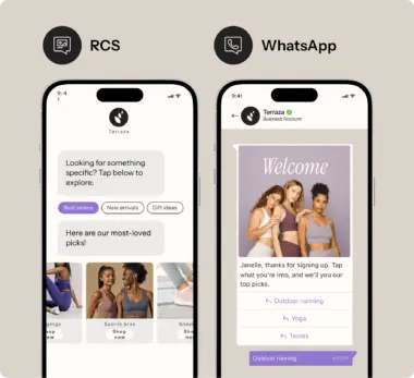 An RCS message with CTA buttons and an image carousel. A WhatsApp message with verified sender branding and quick-reply buttons.
