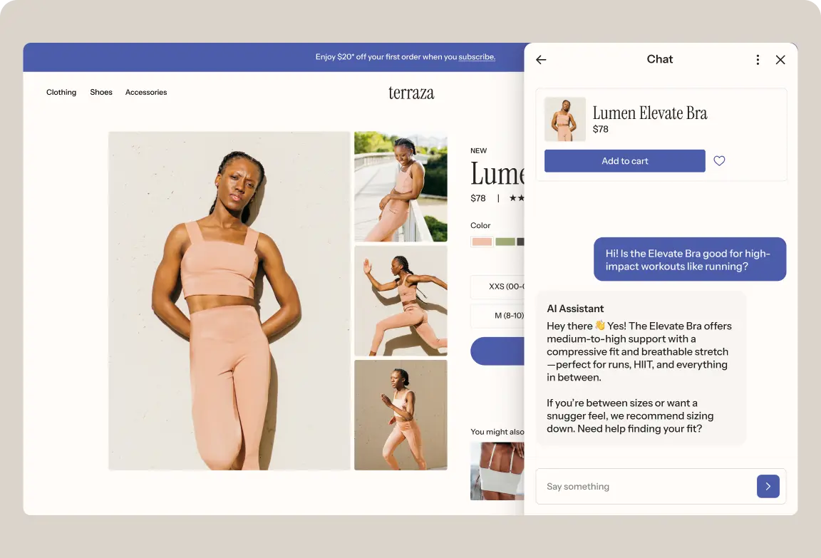 Online shopping page for "Lumen Elevate Bra" with product images and a chat window discussing its suitability for workouts.