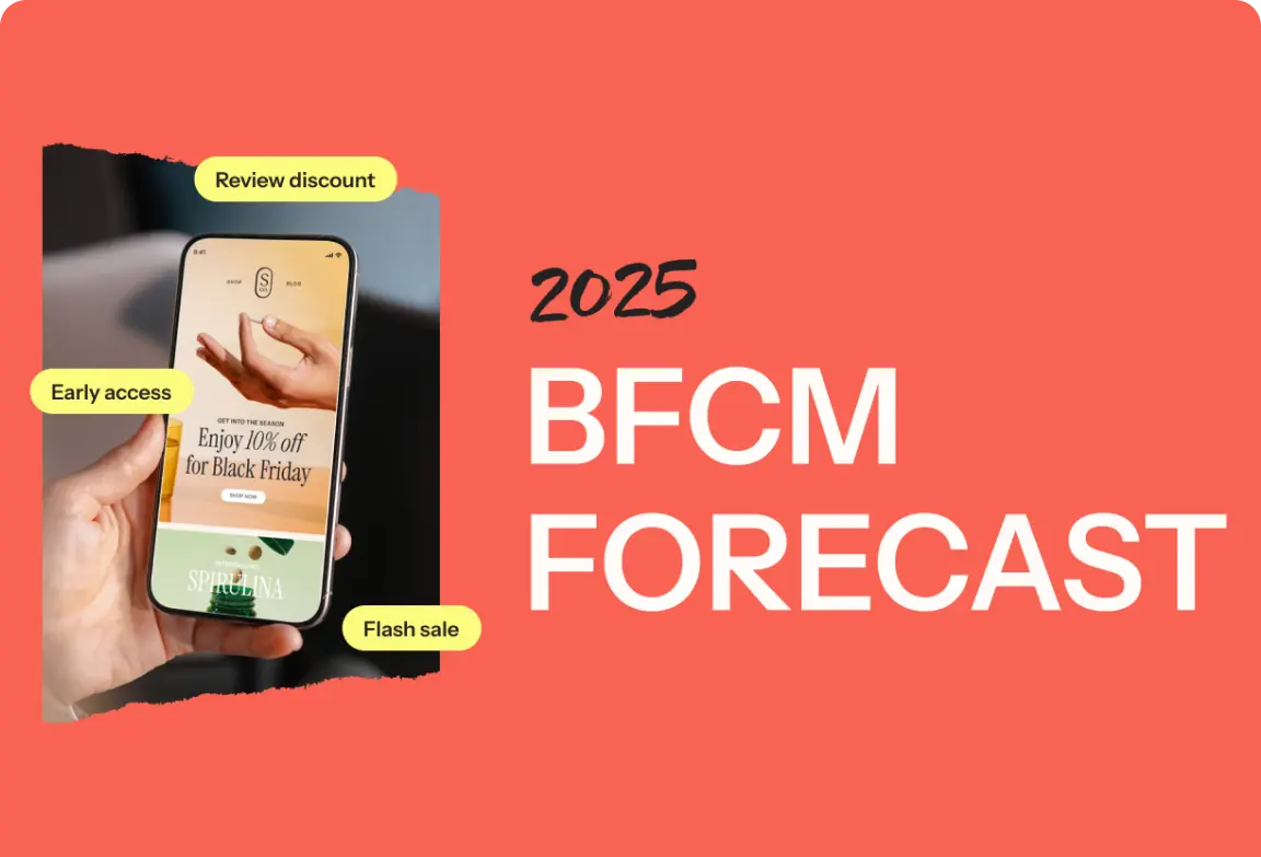 Hand holding a smartphone displaying a Black Friday discount offer. Text on the right reads "2025 BFCM FORECAST.