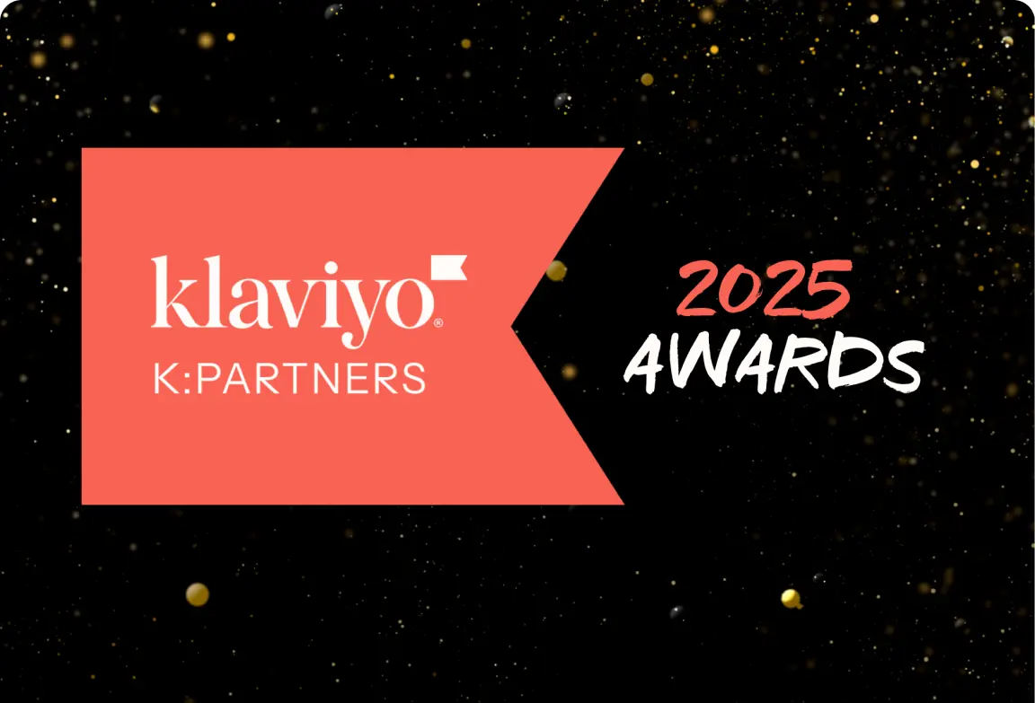 Klaviyo K:Partners 2025 Awards banner with a red ribbon design and black background with gold specks.