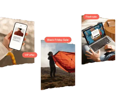 Collage of three images: a person holding a phone with a VIP offer, someone with a red kite labeled Black Friday Sale, and a laptop with a Flash Sale.