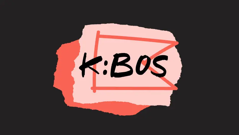 K:BOS text on a torn paper design with a geometric shape on a dark background.