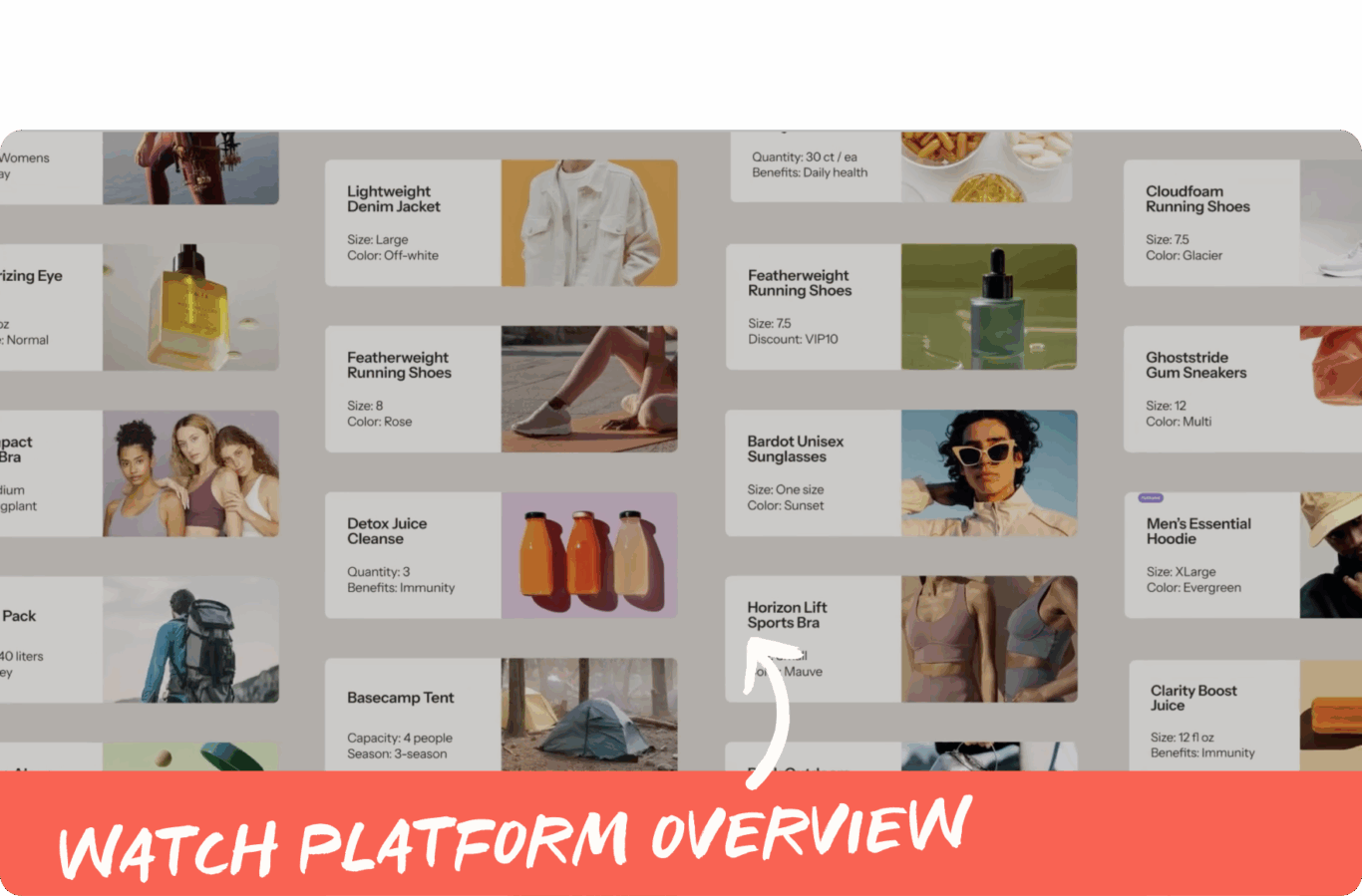 Collage of product listings including clothing, shoes, and beverages. Text overlay reads "Watch Platform Overview" with an arrow.