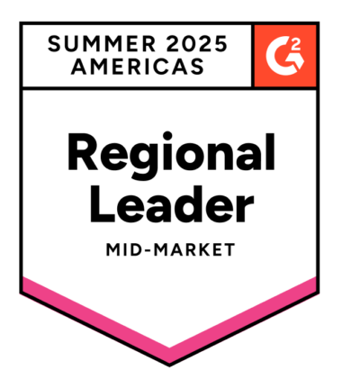 G2 badge labeled "Summer 2025 Americas Regional Leader Mid-Market" with G2 logo.