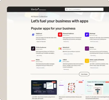 Klaviyo marketplace page showcasing popular business apps, including HelpScout, Pinterest Audience, Recharge, and more.