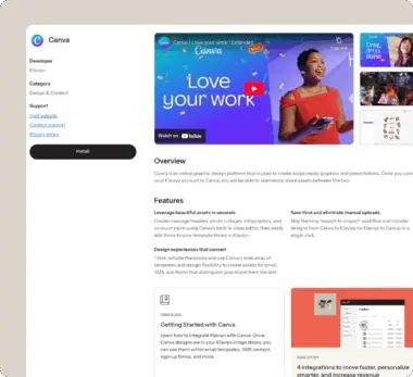 Canva app page showing installation button, overview, features, and user guide. A video thumbnail with "Love your work" text is visible.