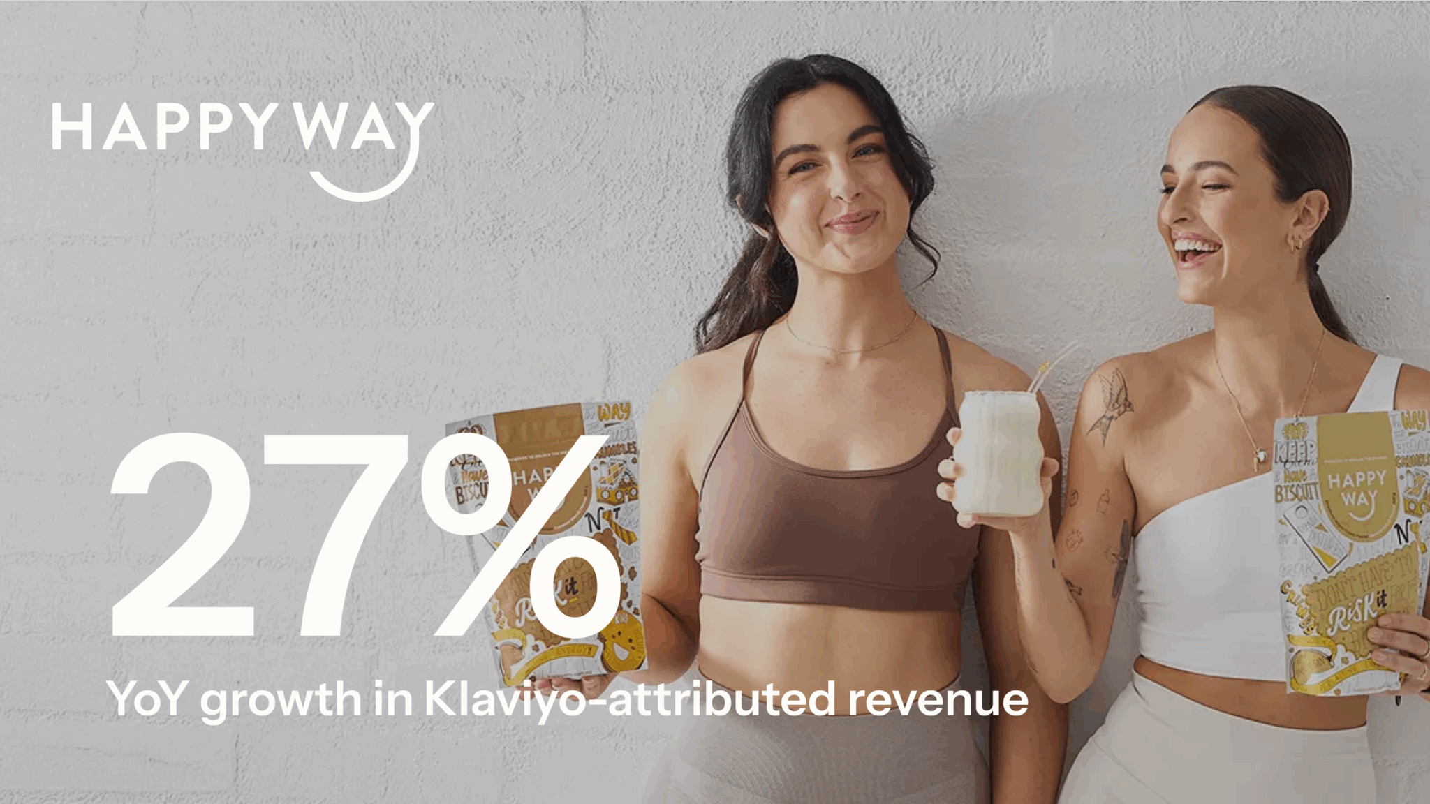 Two women smiling, holding Happy Way products and drinks. Text: "27% YoY growth in Klaviyo-attributed revenue.