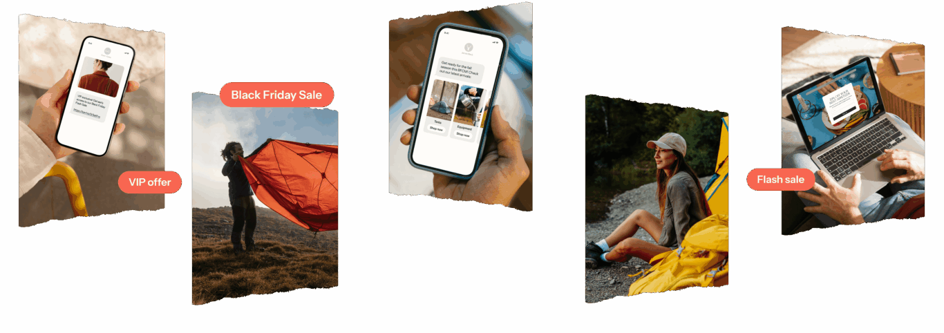 Collage of shopping promotions: VIP offer on a phone, Black Friday sale with a person holding a red kite, and a flash sale on a laptop.