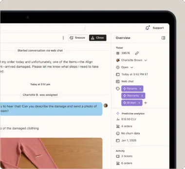 Helpdesk interface showing a web chat about a damaged item. Tags include "Returns," "Warranty," and "Broken." A photo of torn clothing is visible.