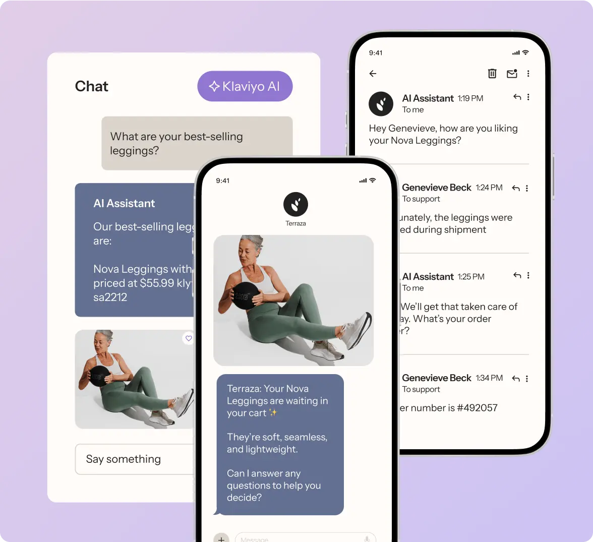 Three smartphone screens display a chat with Klaviyo AI about Nova Leggings, featuring a woman wearing the leggings.