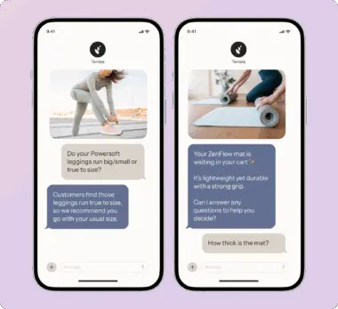 Two smartphone screens showing chat interactions with a brand called Terraza. Left screen discusses leggings sizing; right screen discusses a yoga mat.