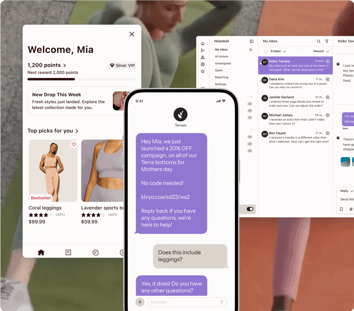 Mobile and desktop screens displaying a shopping app interface, chat messages, and an inbox with customer support tickets.