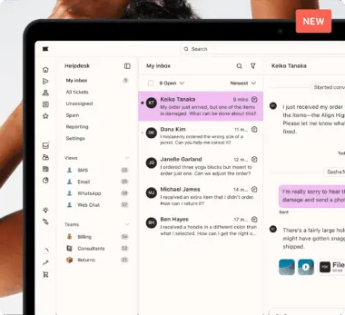 Customer support dashboard showing an inbox with messages from Keiko Tanaka, Dana Kim, and others. A "NEW" label is visible.