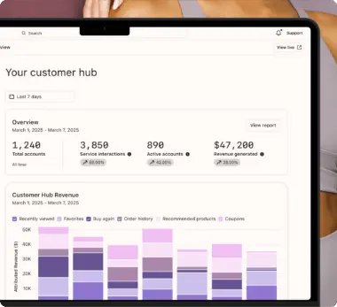 Dashboard displaying customer hub metrics: total accounts, service interactions, active accounts, and revenue generated. Includes a revenue bar chart.