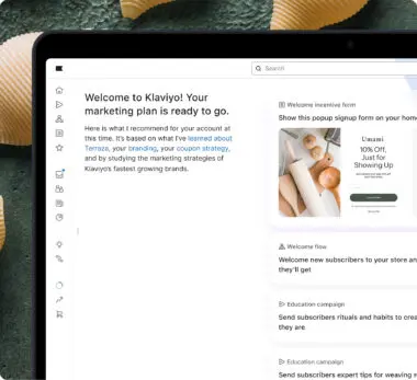 Klaviyo marketing dashboard showing a welcome message and popup signup form with a 10% off offer.