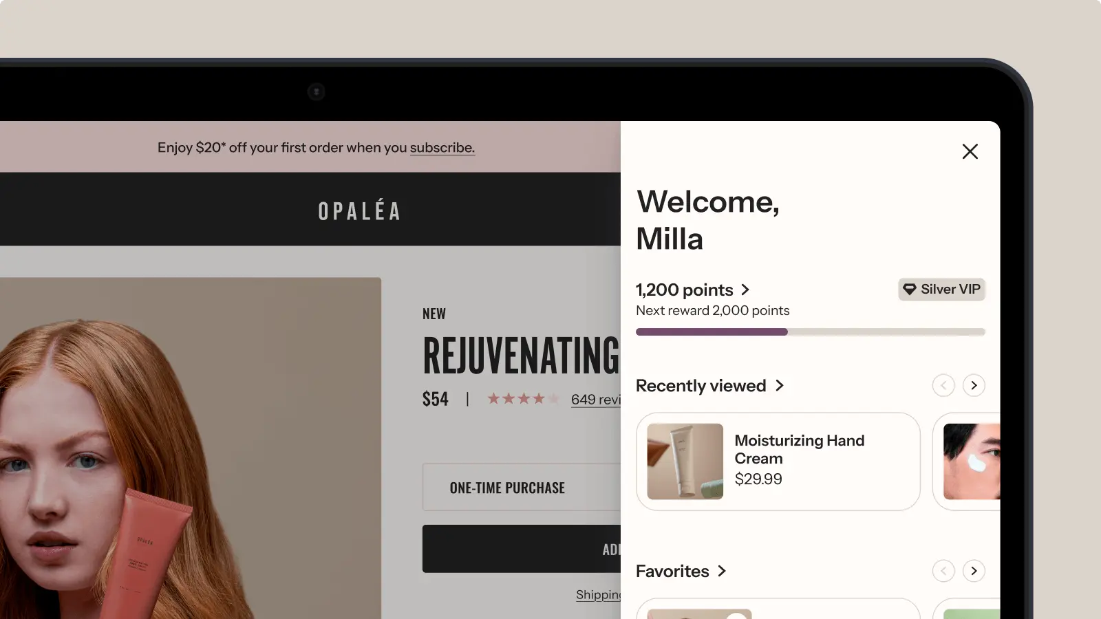 Online shopping interface for Opaléa, showing a loyalty program dashboard with 1,200 points and product recommendations.