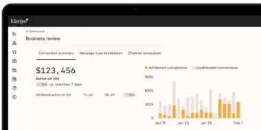 Klaviyo dashboard showing a business review with conversion summary, $123,456 active on site, and a bar chart of conversions.