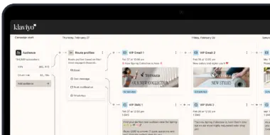 Klaviyo dashboard showing an omnichannel marketing campaign builder with audience segmentation and scheduled emails and SMS.