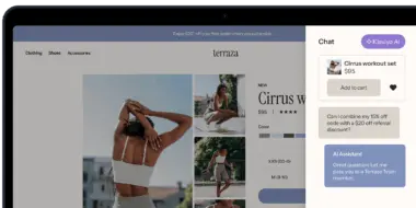 E-commerce webpage featuring a "Cirrus workout set" for $95 with a chat window showing a customer query and AI assistant response.