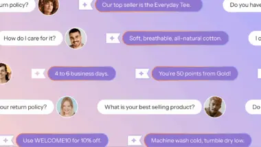 Chat bubbles with customer service questions and responses, featuring small profile images. Topics include product care, shipping, and promotions.