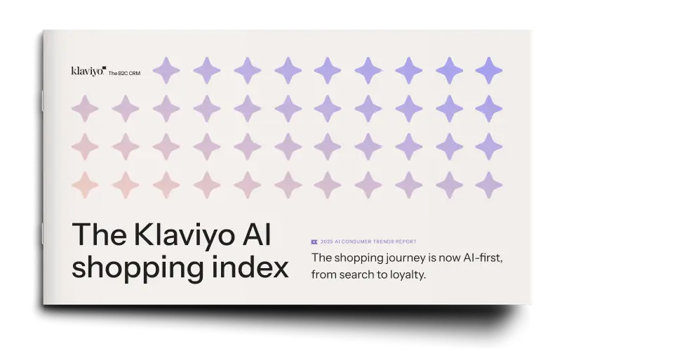Cover of "The Klaviyo AI Shopping Index" report, featuring a pattern of gradient stars and text about AI consumer trends for 2025.