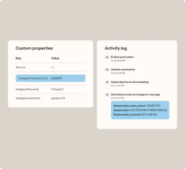 Custom properties and activity log for a user profile. Includes Instagram follower count, username, and recent actions like automation events.