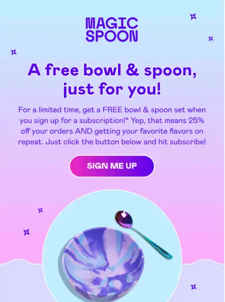 Magic Spoon promotion offering a free bowl and spoon with subscription. Includes a "Sign Me Up" button.