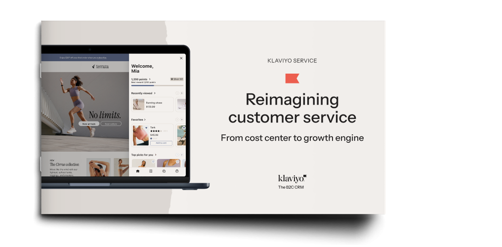 Klaviyo Service eBook cover titled "Reimagining customer service: From cost center to growth engine," featuring a laptop with a customer interface.