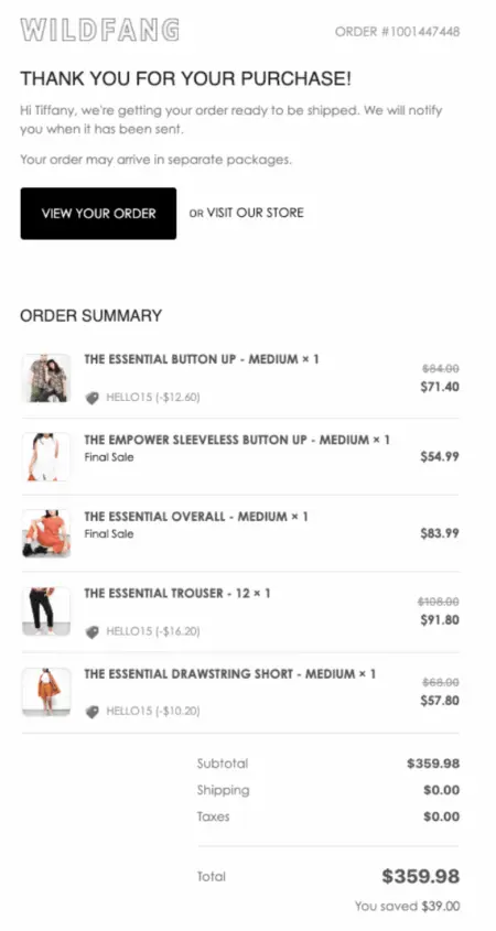 Order confirmation from Wildfang for Tiffany, including items like button-up shirts, overalls, and trousers, totaling $359.98.